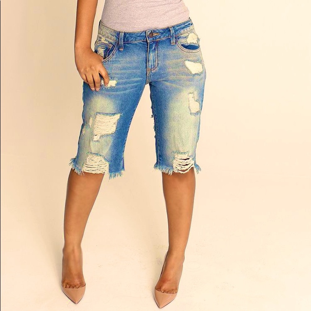 Machine Denim Distressed Bermuda Shorts, Size 29